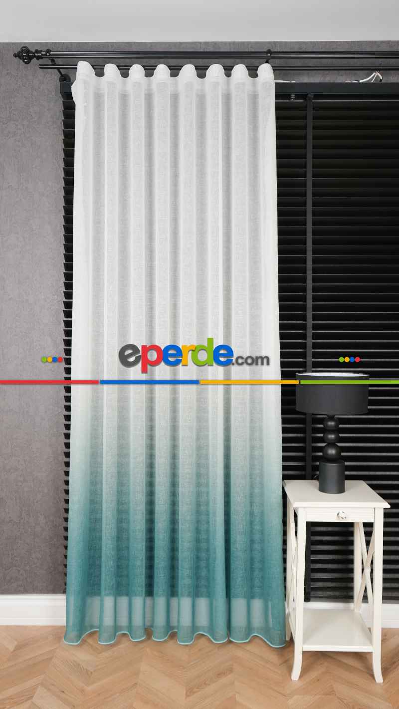 Keten Ekru Yeşil Degrade Geçişli Tül Perde, Ağır Gramajlı Premium Seri, Eteği Kurşunlu