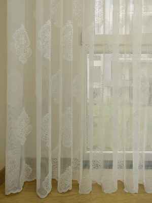 Damask Desenli Özel Örme Dokulu Tül Perde- Ekru