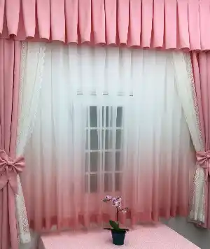 Fonlu Farbalı Tam Takım Perde - Tül Perdesi Hediyedir- Pembe-Ekru