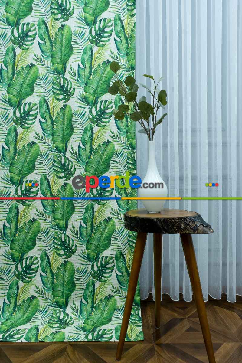 Yaprak Desenli Fon Perde Kumaşı Kalındır Duck Bezi Değildir- Yeşil-Beyaz-Açık Yeşil