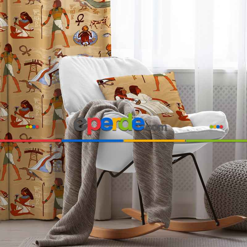 Genç Odası - Etnik Mısır Fon Perde Evim 593 Kumaşı Kalındır Duck Bezi Değildir