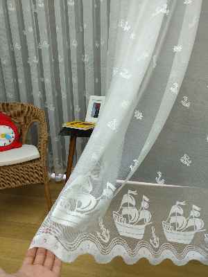 Çocuk Odası Tül Perde - Denizci Desen Çapalı Tül Perde- Ekru