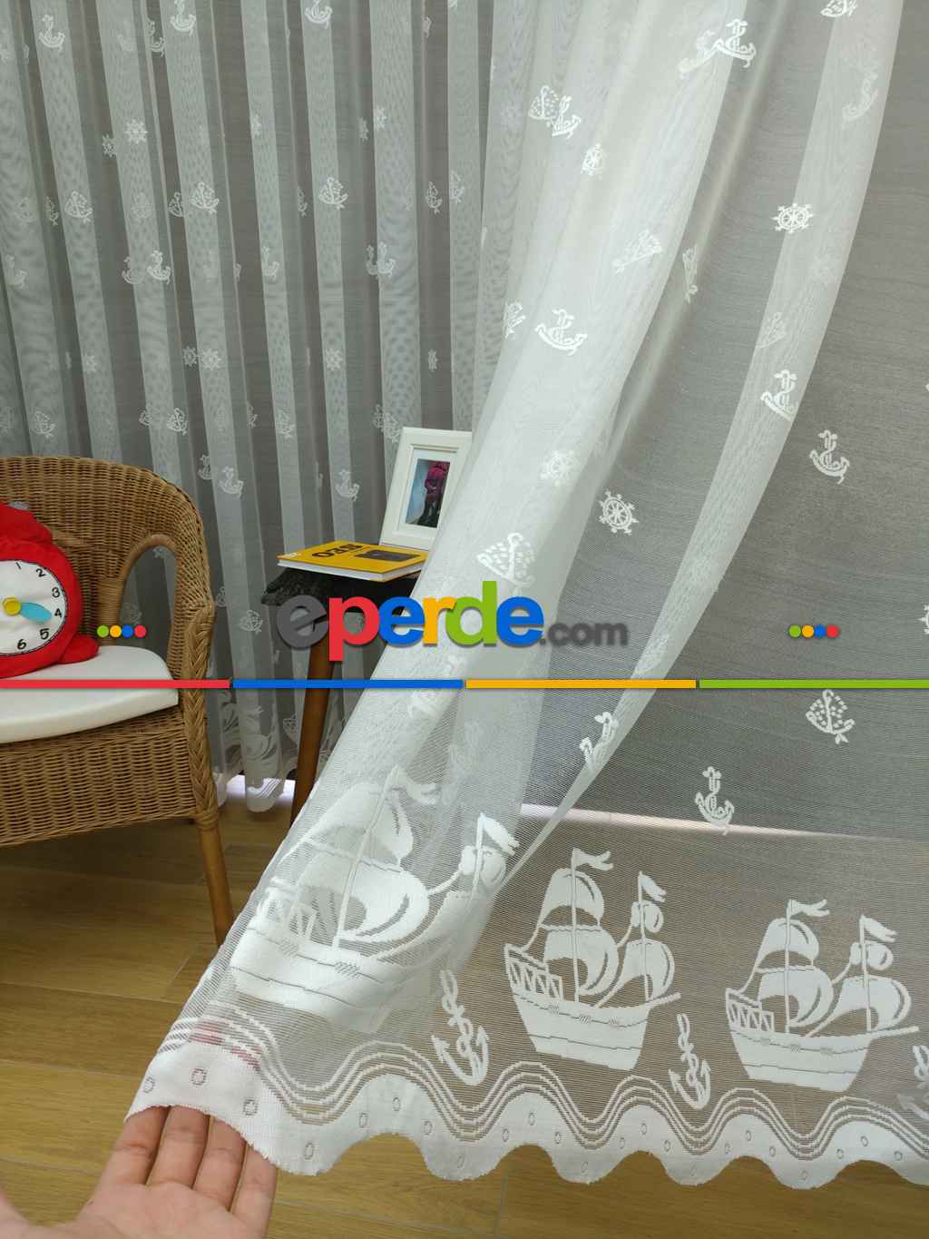 Çocuk Odası Tül Perde - Denizci Desen Çapalı Tül Perde- Ekru