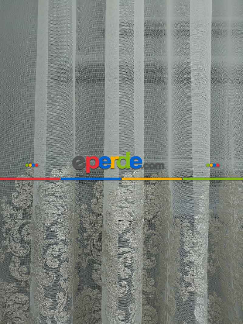 Oturma Odası - Eteği Duble Nakış İşlemeli Lüx Tül Perde Ikon 2021- Krem-altın Simli