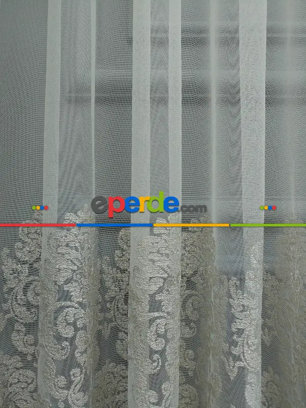 Salon Tül Perde - Eteği Duble Nakış İşlemeli Tül Perde Ikon 2021- Krem