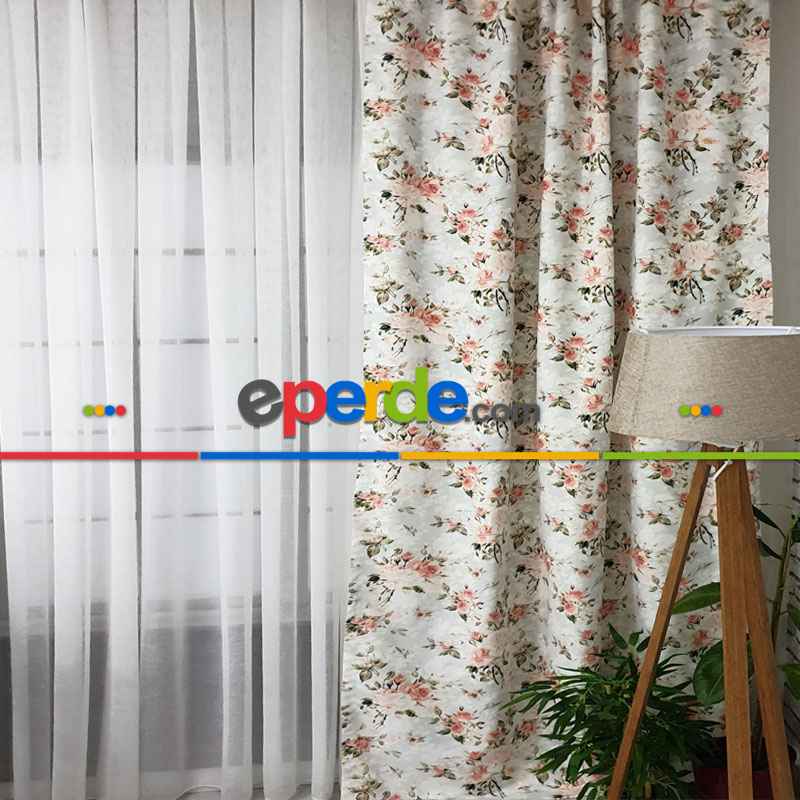 Çiçek Desenli Fon Perde Evm444 - Kumaşı Kalındır Duck Bezi Değildir.- Yeşil-Pembe