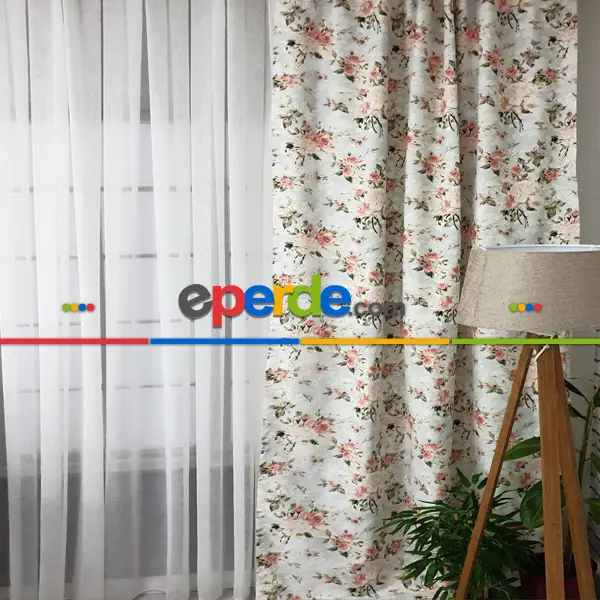 Çiçek Desenli Fon Perde Evm444 - Kumaşı Kalındır Duck Bezi Değildir.- Yeşil-Pembe