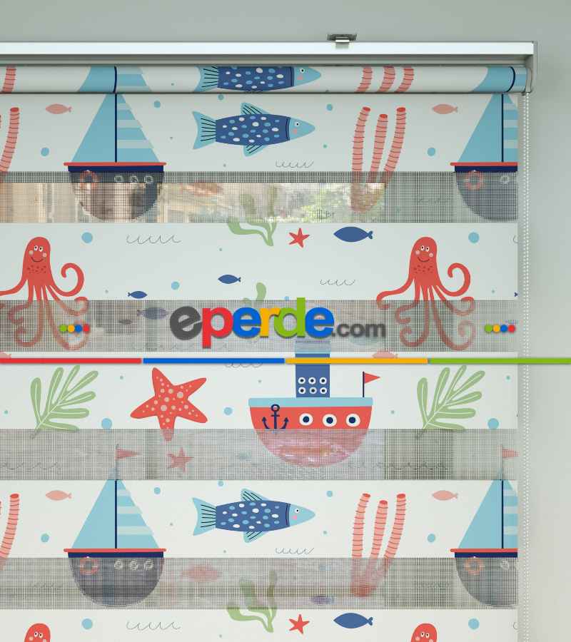 Denizci Temalı Desenli Baskılı Zebra Perde- Çok Renkli