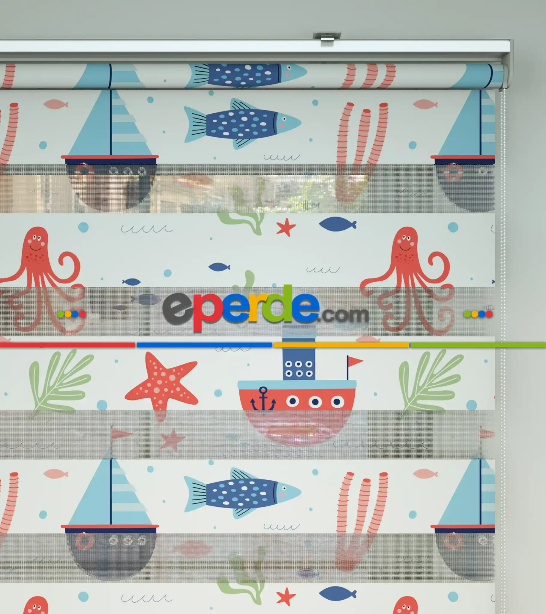 Bebek Odası Zebra Perde - Denizci Temalı Desenli Baskılı Zebra Perde- Çok Renkli