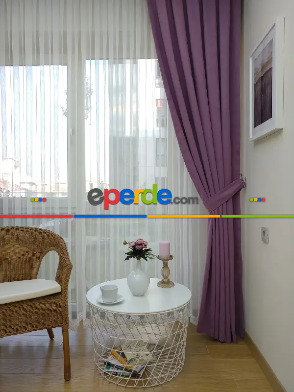 Eflatun Düz Sade Mutfak Fon Perde Yan Kanat Perdesi- Eflatun