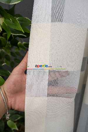 Hazır Ölçülü Krem Bantlı Tasarım Bambu Modern Tül Perde - Yüksek Kalite - Kurşunlu