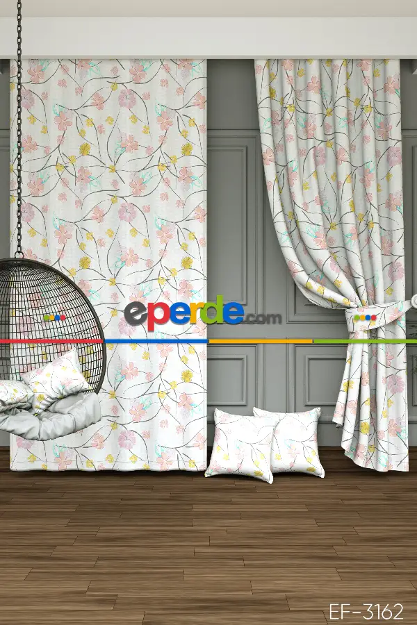 Salon - Rengarenk Çiçek Baskılı Fon Perde