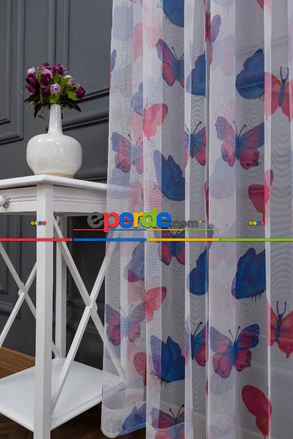 Hazır Ölçü Petek Zemin Renkli Kelebek Desenli Grek Baskılı Tül Perde 190cm X 255cm 