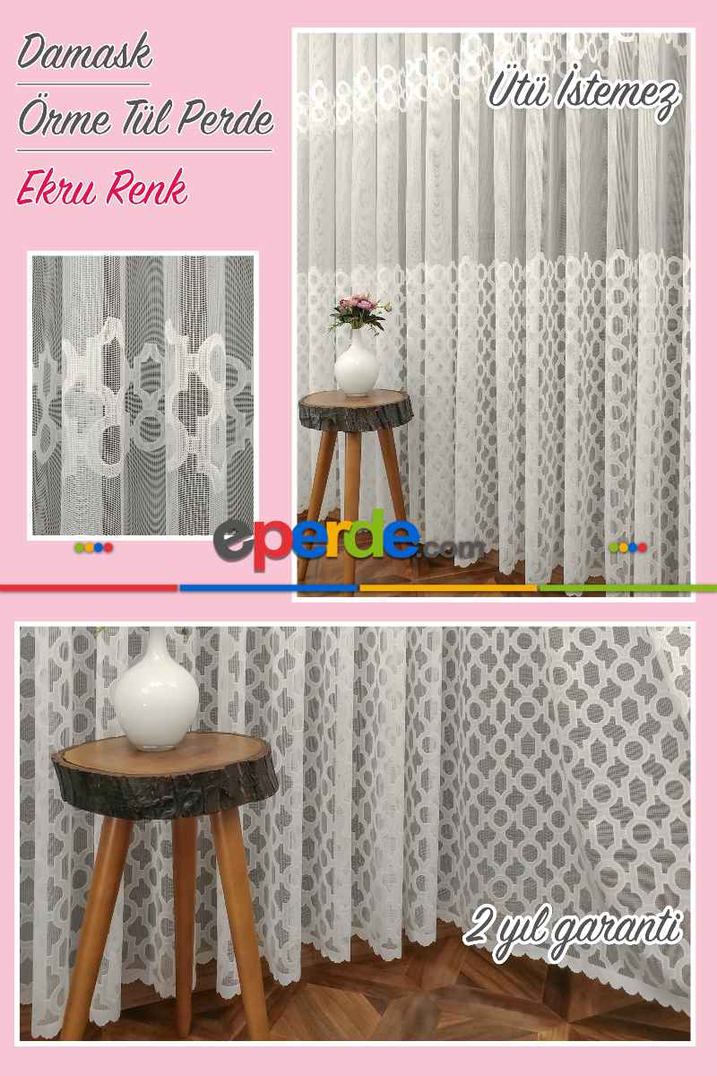 Damask Desen Fransız Dantel Tül Perde 1264- Ekru