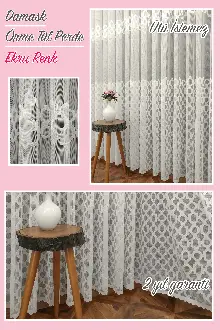 Mutfak Damask Desen Fransız Dantel Tül Perde 1264- Ekru
