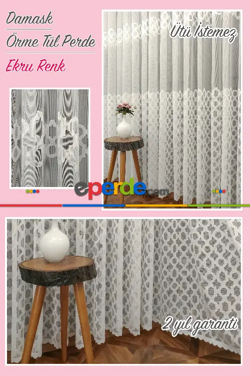 Damask Desen Fransız Dantel Tül Perde 1264- Ekru
