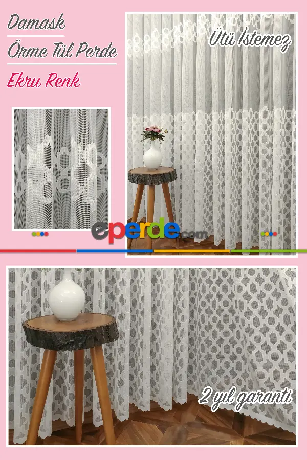 Damask Desen Fransız Dantel Tül Perde 1264- Ekru