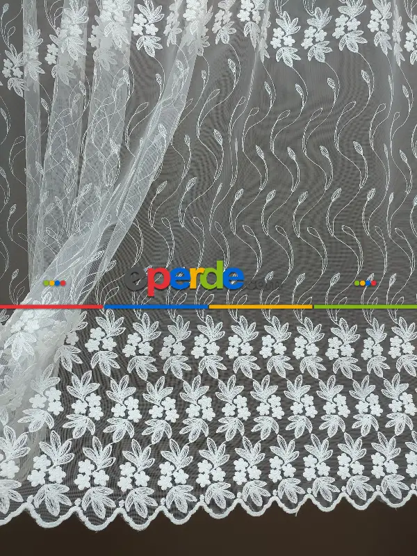 Brode İşlemeli Nakışlı Tül Perde Sarmaşık Desen 280- Ekru