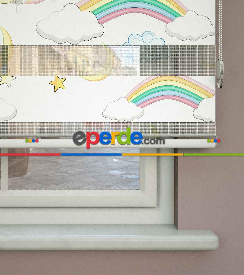 Unicorn Desenli Baskılı Zebra Perde- Çok Renkli