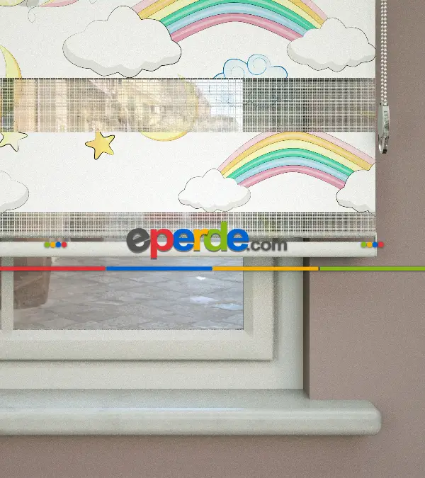 Unicorn Desenli Baskılı Zebra Perde- Çok Renkli