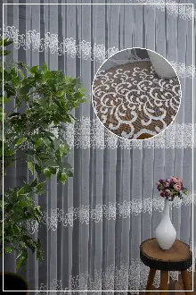 Sarmaşık Şal Desenli - Ara Bantlı Desenli Tül Perde - Brode Dokuma