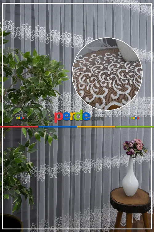 Sarmaşık Şal Desenli - Ara Bantlı Desenli Tül Perde - Brode Dokuma