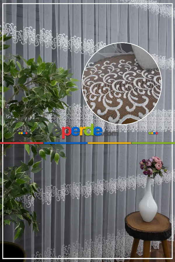 Mutfak Sarmaşık Şal Desenli - Ara Bantlı Desenli Tül Perde - Brode Dokuma