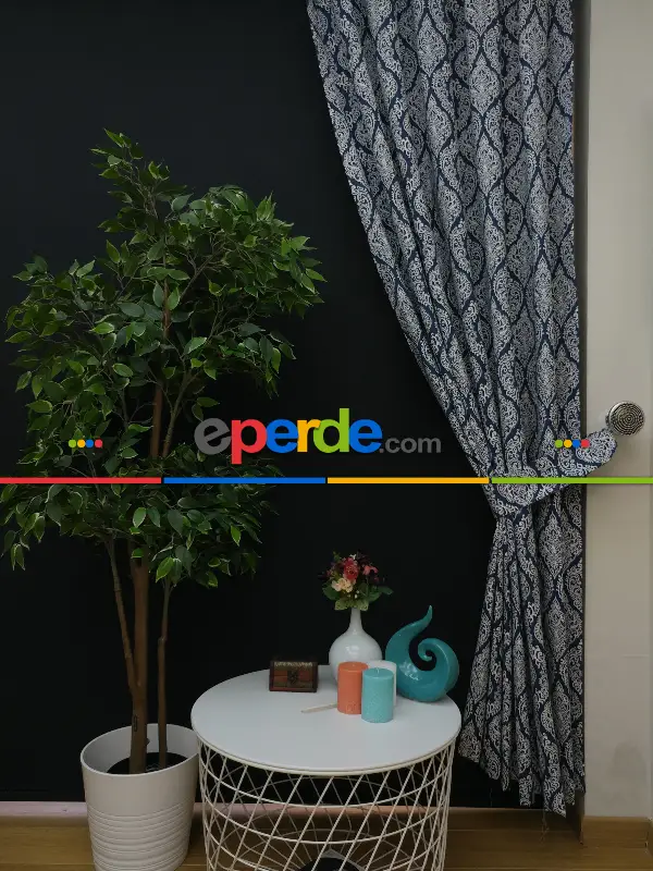 Yatak Odası - Damask Desenli Salon Odası Fon Perde- Beyaz-Mavi Koyu