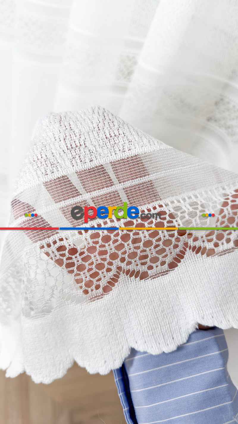 Ekru Enine Bantlı Çizgili Tül Perde, Ağır Gramajlı Premium Seri