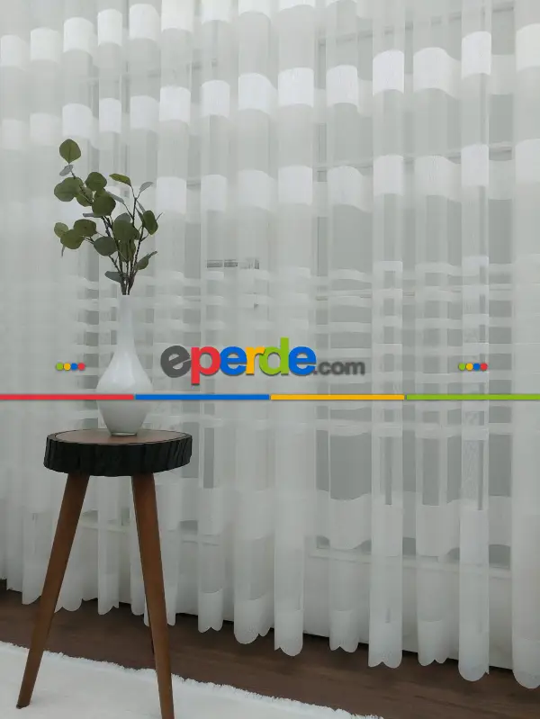 Salon Tül - Dantel Örme Ekru Düz Model Bantlı Tül Perde 2021 Ikon- Krem Açık