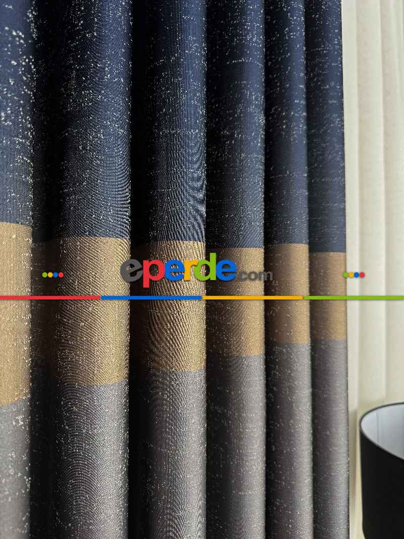 Koyu Lacivert Gri Gold Jakar Dokuma Fon Perde, Parlak Zemin