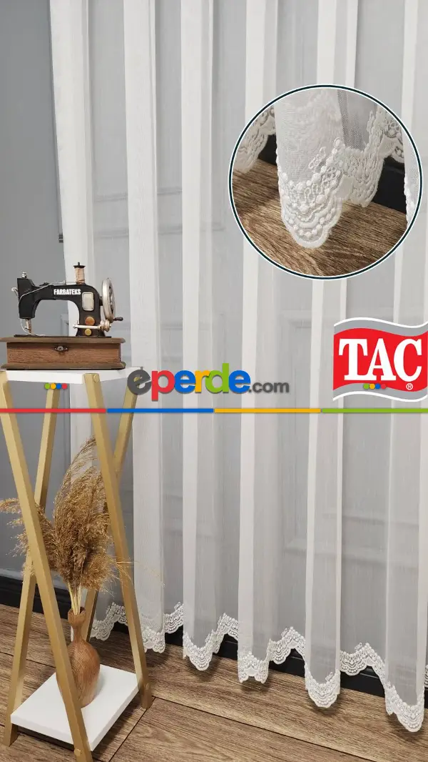 Yatak Odası - Taç Etek Topçuklu Ütü İstemez Alt İşlemeli Model Tül Perde