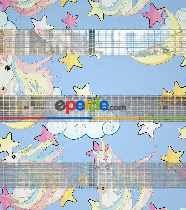 Unicorn Desenli Baskılı Zebra Perde- Çok Renkli