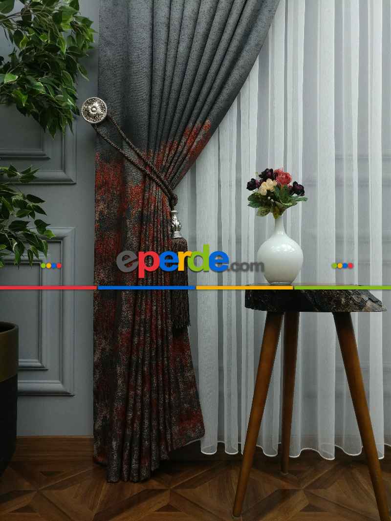 Patinedesenli Antrasit Kremit Jakar Fon Perde (180)- Kiremit Rengi