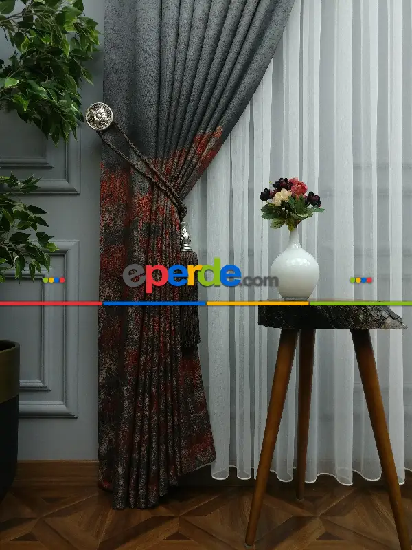 Yatak Odası - PatineDesenli Antrasit Kremit Jakar Fon Perde (180)- Kiremit Rengi