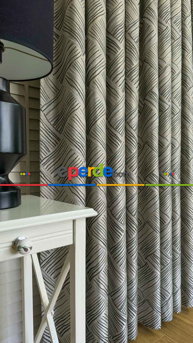 Gri / Petrol Yeşil Çizgili Desen Premium Jakar Dokuma Fon Perde