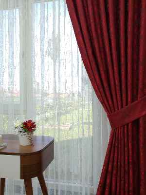 Patine Desenli Kırmızı - Katyonik Jakar Fon Perde- Kırmızı