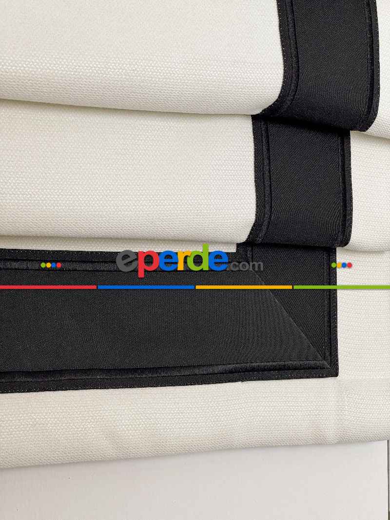 Krem Naturel Keten Siyah Biyeli Katlamalı Perde