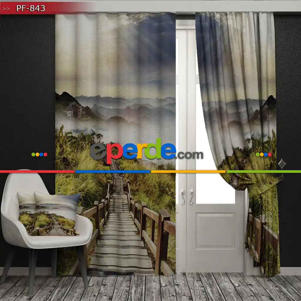 Dağa Çıkan Tahta Yol 3d Baskılı Fon Perde- Çok Renkli 2