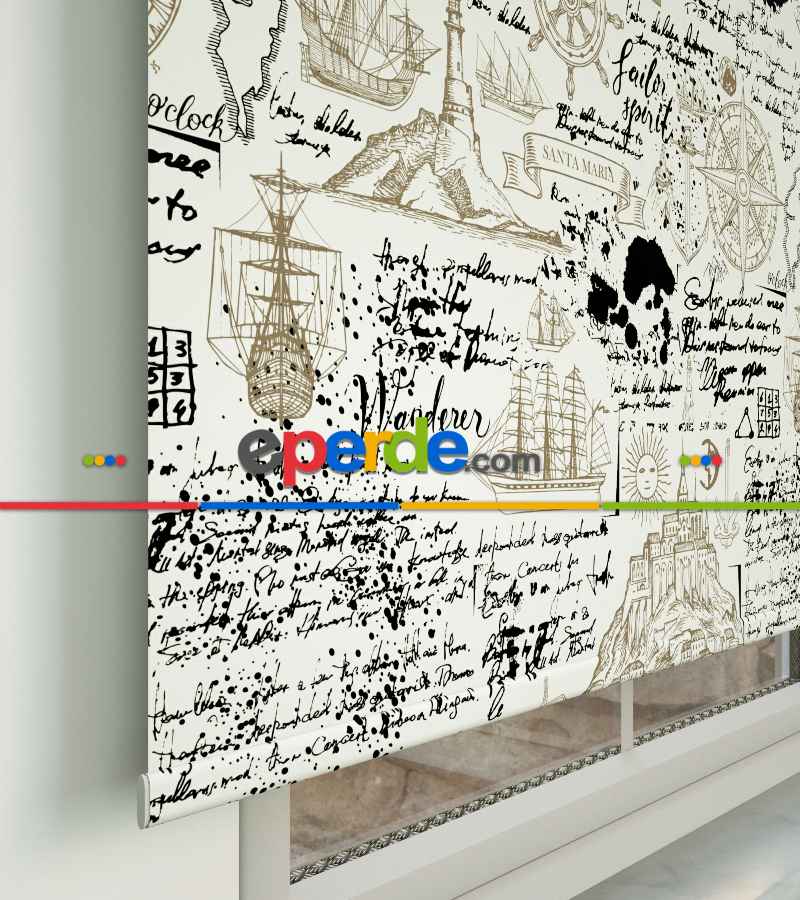 Genç Odası - Denizci Desenli Baskılı Stor Perde- Siyah-ekru-kahve