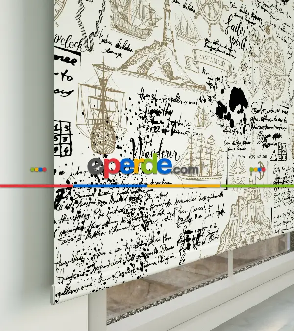 Denizci Desenli Baskılı Stor Perde- Siyah-ekru-kahve