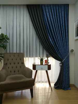 Antrasit Mavi Renk Kombinli Desenli Fon Perde- Mavi-antrasit