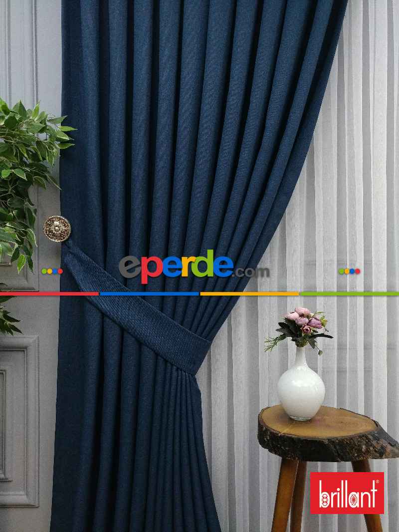 Brillant Keten Petrol Mavi Renk Düz Fon Perde - Petrol Mavisi