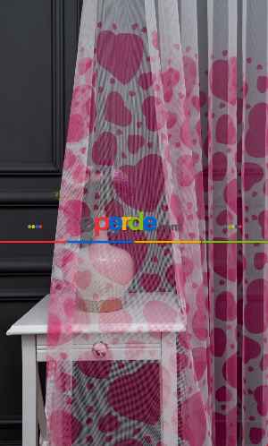 Hazır Ölçülü Petek Zemin Pembe Renkli Kalpler Desenli Grek Baskılı Tül Perde