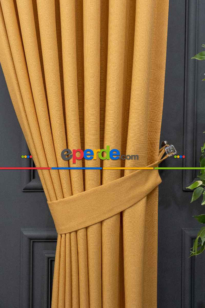 Oturma Odası Keten Sarı Renk Düz Fon Perde- Hardal