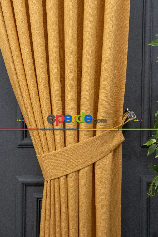 Yatak Odası - Keten Sarı Renk Düz Fon Perde- Hardal