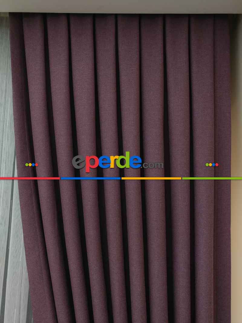 Yatak Odası - Keten Mürdüm Renk Düz Fon Perde - Mürdüm