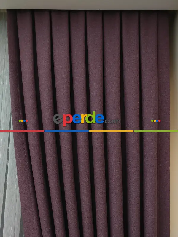 Yatak Odası - Keten Mürdüm Renk Düz Fon Perde - Mürdüm