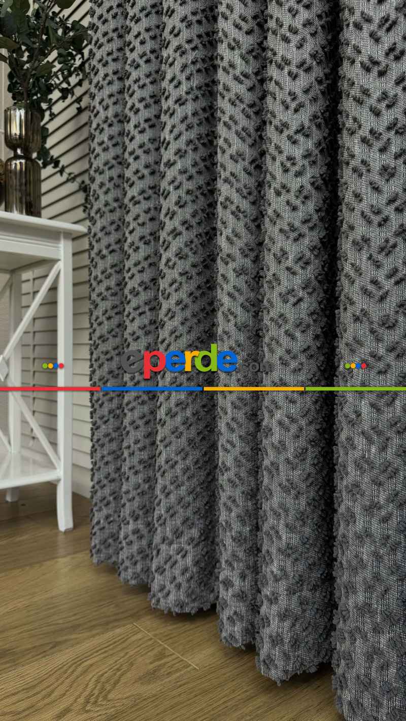 Yatak Odası - Ponponlu Gri Jakar Dokuma, Premium Kalite Serisi Fon Perde