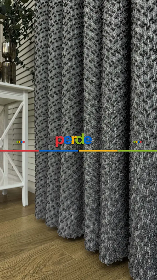 Salon - Ponponlu Gri Jakar Dokuma, Premium Kalite Serisi Fon Perde